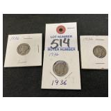 3 1936 Mercury Dimes