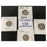 4 1941,1941-D, And 1941-S Mercury Dimes//