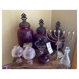 Red Glass Canisters, Brass Menorah from Israel,