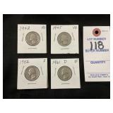 1942, 1945, 1952, 1961-D Washington Quarters,