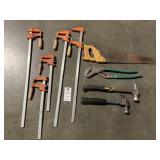 5 Jorgensen Bar Clamp, Handsaw, Channel Locks