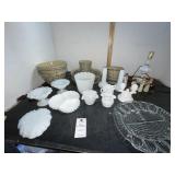 White Milk Glass, Ceramic Blue/Tan Pottery