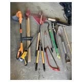 Yard Tools; Rake, hoe, post hole diggers, shovel,