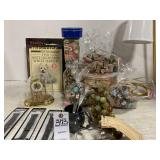 BUTTONS, THREAD, SEWNG TINS & GLASS GRAPE VINE