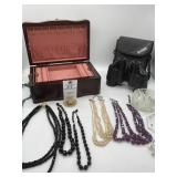 VTG BEADED NECKLACES, JEWELRY BOX & BINOCULAR W/