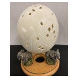 Hand Carved Elephants on Ostrich Egg W/Resin Base