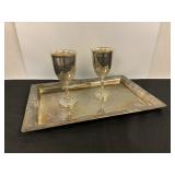 Silver Plate Tray & 2 925 Sterling Silver Goblets