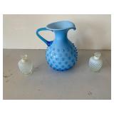 Blue and White Hobnail Glass Pitcher and Bottles