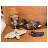 Wood Carvings: Figure, Ducks, and Owl
