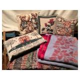 Textile Lot with Rug, Pillows and Throw