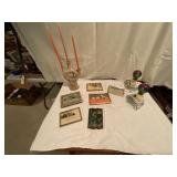 Ceramic Candelabra, Glass Lamps, and Framed Prints