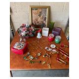 Holiday-Themed Decorative Lot with Framed Artwork,