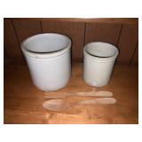Two Stoneware Crocks and Wooden Utensils