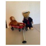 Stuffed Bear and Monkey with Red Wagon