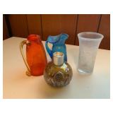 VTG Crackle Glass Pitchers, Orange & Blue