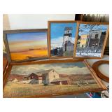 4 Paintings and 1 Circular Wood Frame