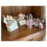 Ceramic Figurines, Fenton Glass Basket, and Rose G