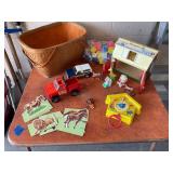 Vintage Toys, Basket, and Blocks