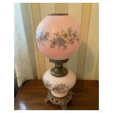 Pink Glass Hurricane Lamp with Floral Design