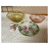 VTG Nippon Hat Pin Holder, VTG Pink & Amber Glass