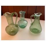 Three VTG Green Crackle Glass Pitchers