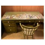 Green Wooden Desk and Chair Set With Drawers