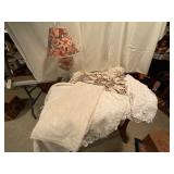 Glass Hurricane Table Lamp and Assorted Textiles
