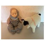 Vintage Cloth Doll and Plush Sheep Toy
