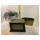 Embossed Metal Box, Brass Tub, and Faux Plant
