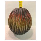 Ribbed Ceramic Vase with Red Glaze Accents