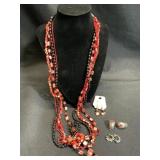 Red & Black 5 Strand Bead Necklace & Earrings