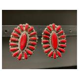 Zuni Red Coral & Sterling Silver Earrings