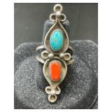 Silver Ring with Turquoise and Coral Inlays
