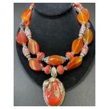 Coral & Jade Beaded Necklace w/ Red Jasper Pendant