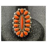 Zuni Coral Cluster Oval Ring, Sterling Silver