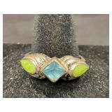 Sterling Silver Ring with Blue Topaz & Green Agate