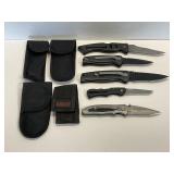 Five Folding Knives w/4 Sheaths