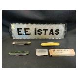 Four Folding Pocket Knives and E.E. ISTAS Sign