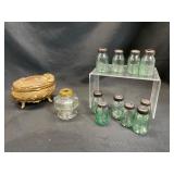 Glass Bottles, Inkwell, and Metal Trinket Box