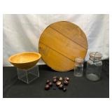 Wood Bowl, Cheese Box, Glass Jars Lot