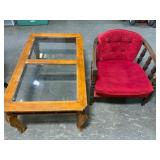 Wood Glass-Top Coffee Table and Red Upholstered Ch