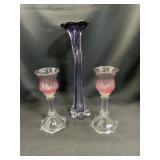 Purple Glass Vase and Pair of Candle Holders
