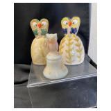 Ceramic Owl Bells and Slag Glass Bell