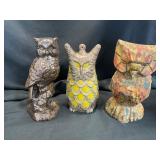 3 Owl Figurines in Mixed Materials