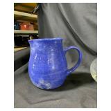 Vintage Blue Ceramic Pitcher, Crock, and Etched Li