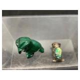 Malachite Owl Figurine and Tasco Silver Owl Brooch