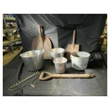 Vintage Galvanized Pails, Shovels & Rake
