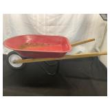 Red Metal Wheelbarrow with Wooden Handles