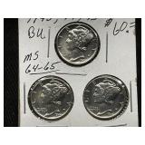 1943, 1944, 1945 Set of 3 Mercury Dimes