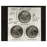 (3) Silver Mercury Dimes, 1941-1942-1943